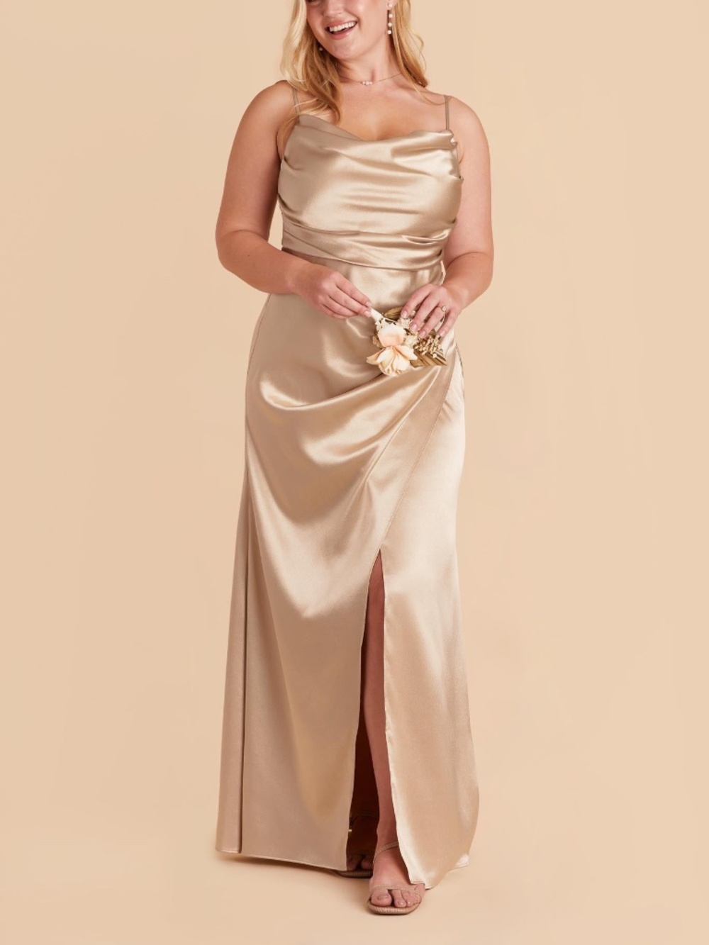Birdy Grey “Lydia” bridesmaid dress in shiny satin champagne